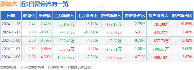 股票行情快报：嘉麟杰（002486）11月12日主力资金净卖出58190万元