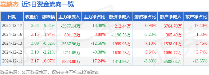 嘉麟杰（002486）12月17日主力资金净卖出397714万元