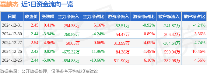 嘉麟杰（002486）12月31日主力资金净买入29438万元