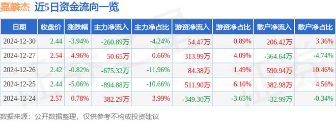 嘉麟杰（002486）12月30日主力资金净卖出26089万元